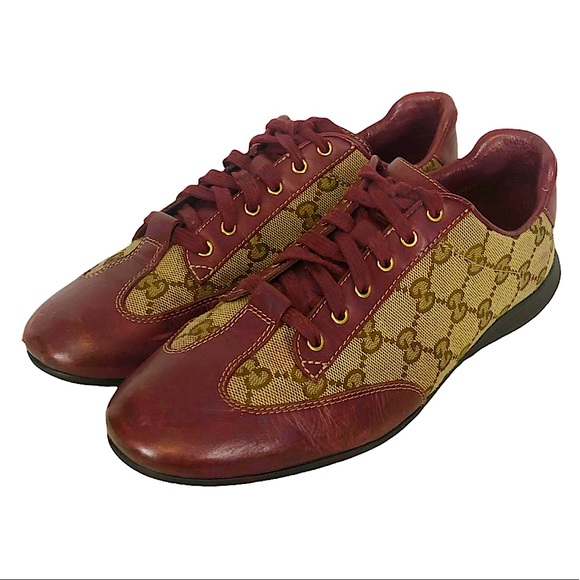 GUCCI Maroon Leather Tan Monogram Lace Up Sneakers 270105 - Picture 3 of 16